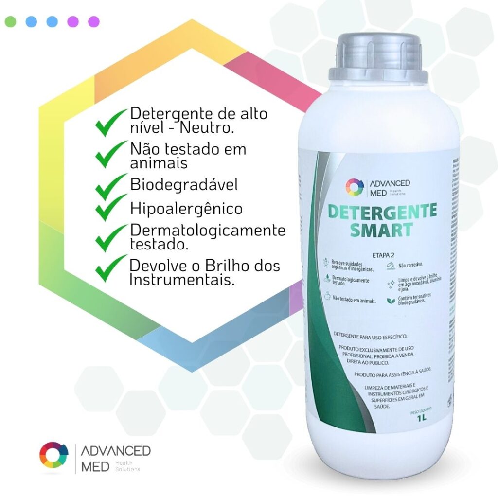 Detergente Hospitalar SMART da Advanced Med. Alternativa segura aos detergentes enzimáticos para limpeza hospitalar. Produto neutro, biodegradável e hipoalergênico, ideal para instrumentais médicos e odontológicos.