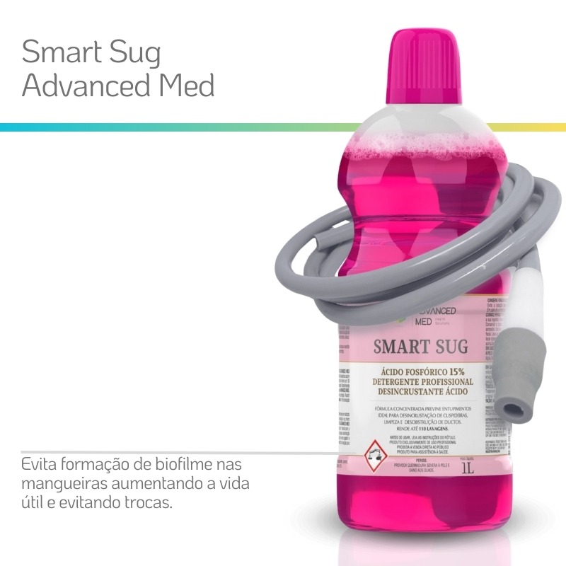 <img decoding= SMART SUG – Detergente desincrustante ácido para limpeza de mangueiras de sucção odontológicas, removendo biofilmes e prevenindo entupimentos.