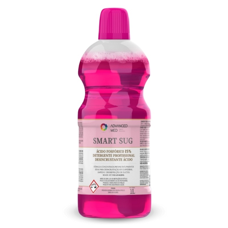 <img fetchpriority= Detergente desincrustante ácido SMART SUG para limpeza de mangueiras de sucção odontológicas, removendo biofilmes e resíduos minerais