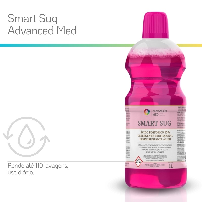 SMART SUG – Detergente desincrustante ácido com rendimento de até 110 lavagens, ideal para uso diário na limpeza de sistemas de sucção odontológicos.