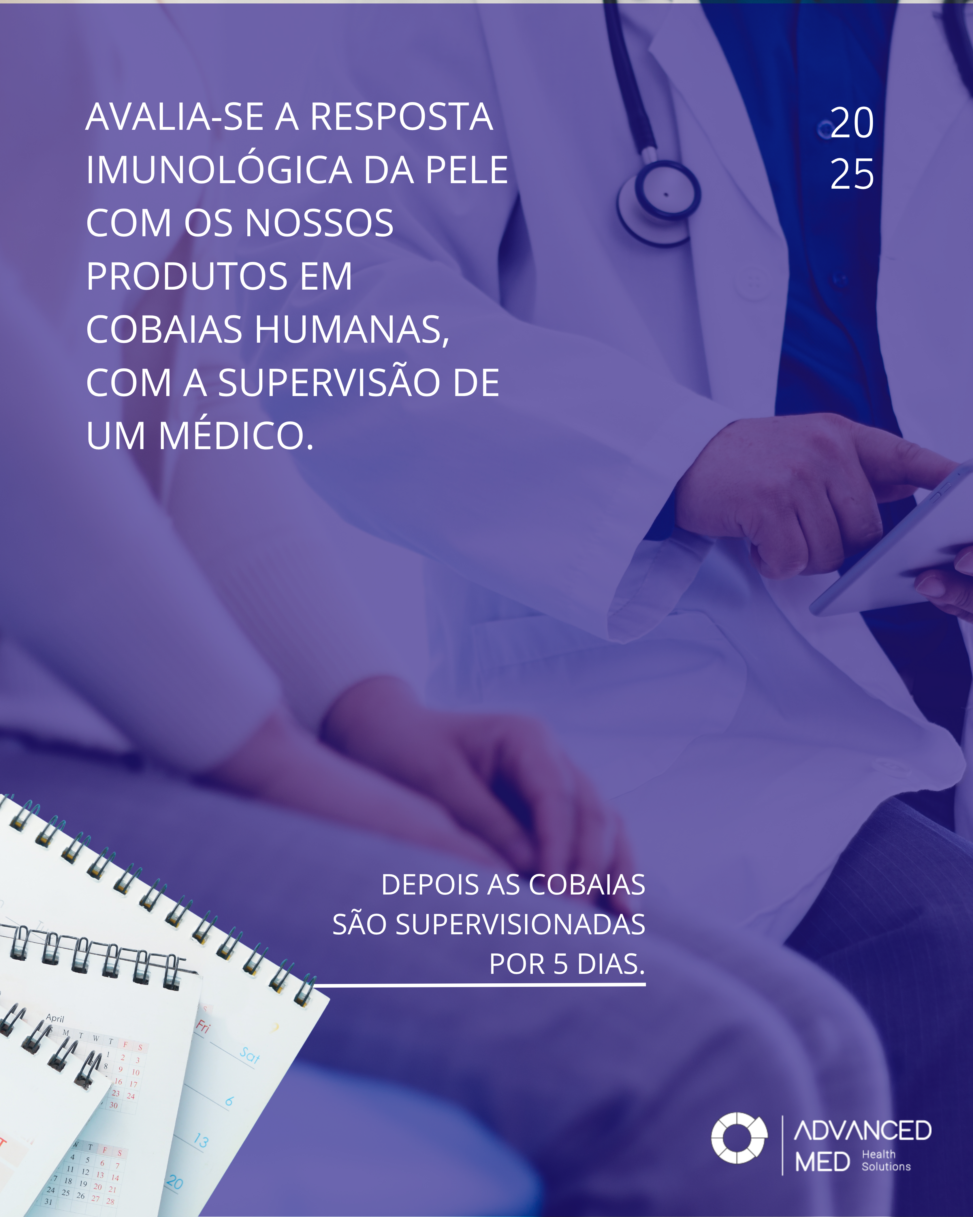 Voluntários humanos em ambiente clínico supervisionado por médico, simbolizando testes dermatológicos éticos realizados pela ADVANCED MED, sem uso de animais.