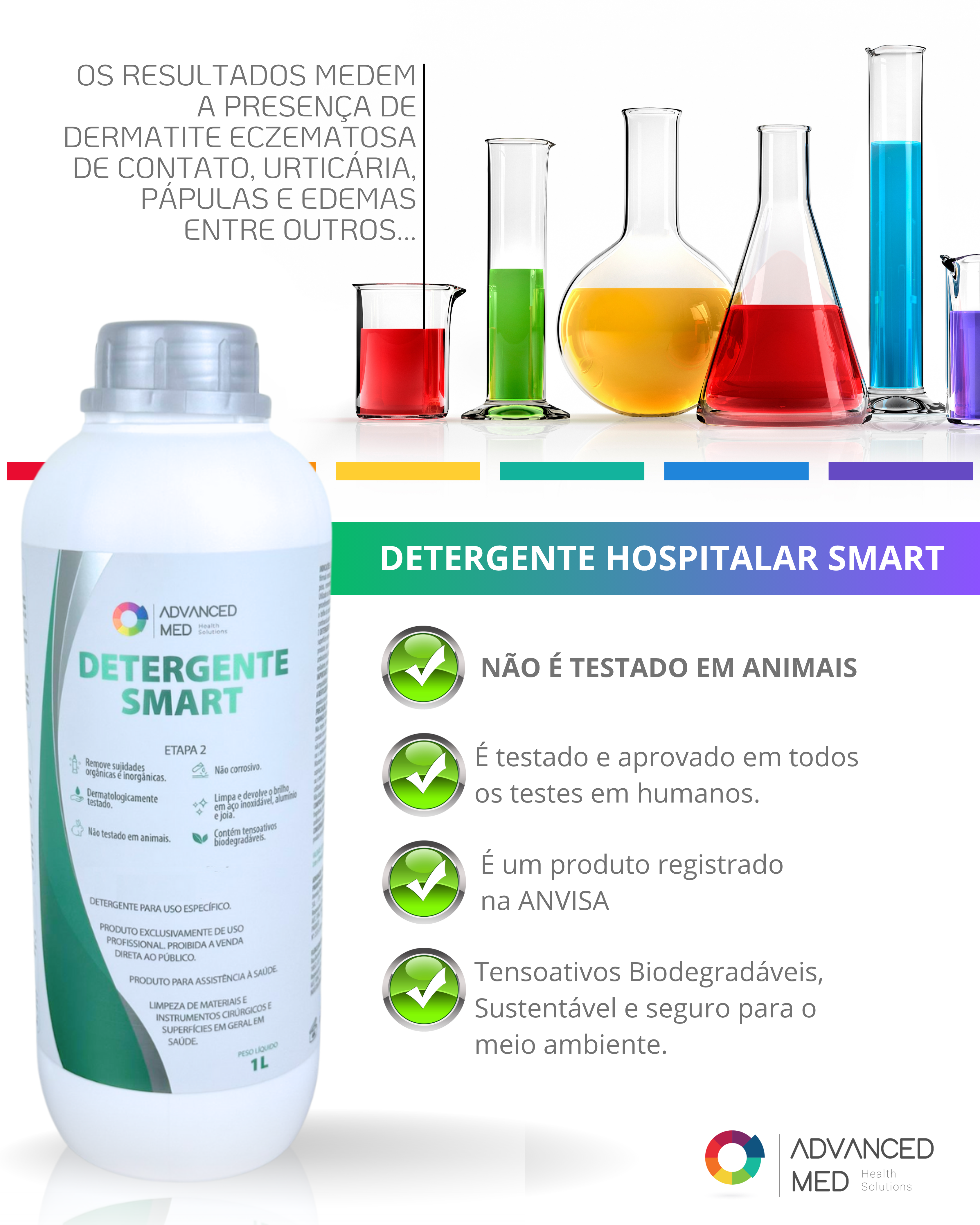 Frasco do Detergente Hospitalar Smart da ADVANCED MED ao lado de tubos de ensaio coloridos. Destaques para informações de que o produto é testado em humanos, registrado na ANVISA, não testado em animais e biodegradável.