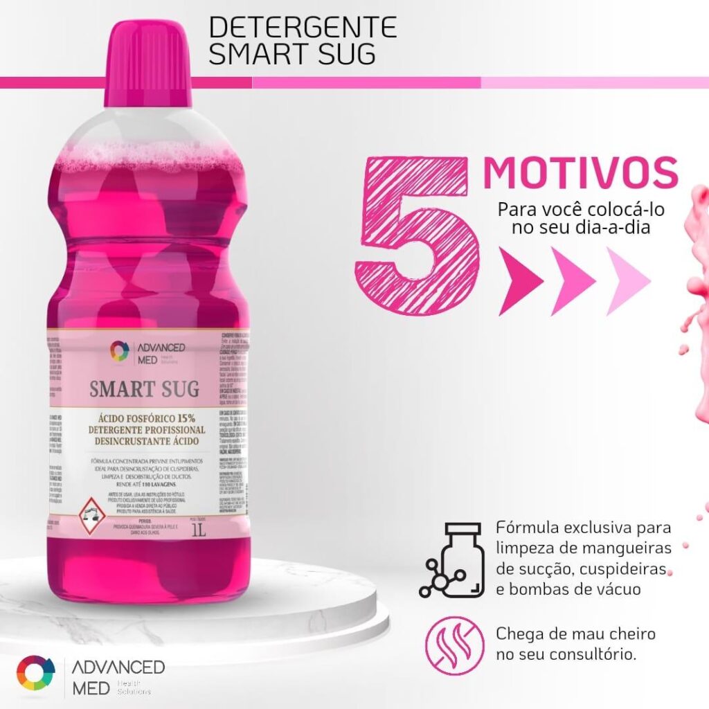 Detergente profissional SMART SUG da ADVANCED MED para dentistas - Ácido Fosfórico 15% desenvolvido para limpeza de sugadores odontológicos, mangueiras de sucção dental, cuspideiras e bombas de vácuo. Elimina biofilmes, previne refluxo bacteriano e mau cheiro em consultórios odontológicos. Solução dental aprovada pela ANVISA para biossegurança em odontologia.