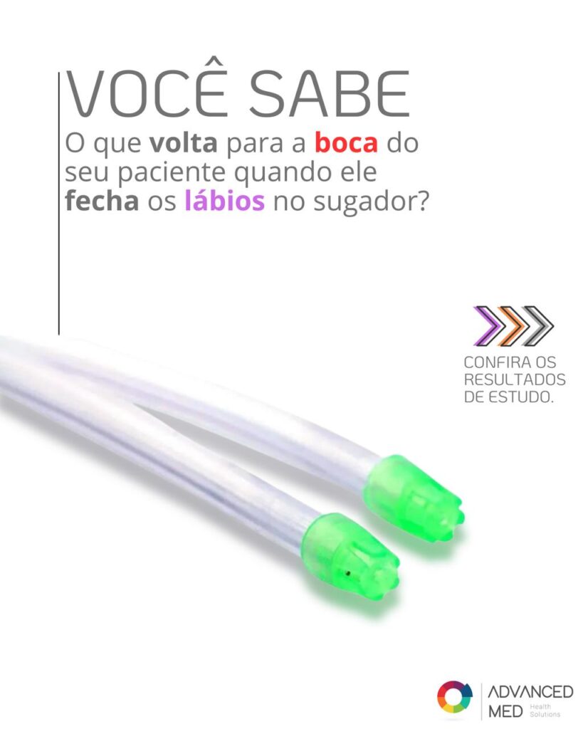 Sugador odontológico com alerta sobre refluxo contaminado e biofilme, risco de contaminação cruzada.