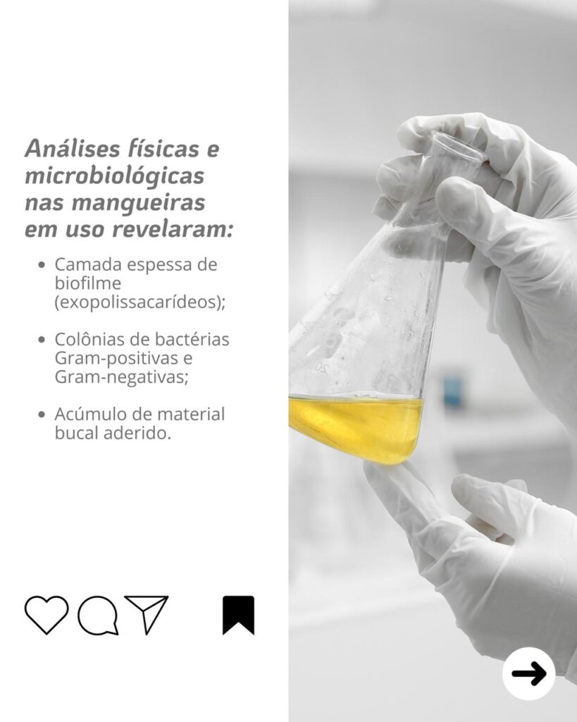 Imagem mostrando análise microbiológica com biofilme e bactérias em sugadores odontológicos.