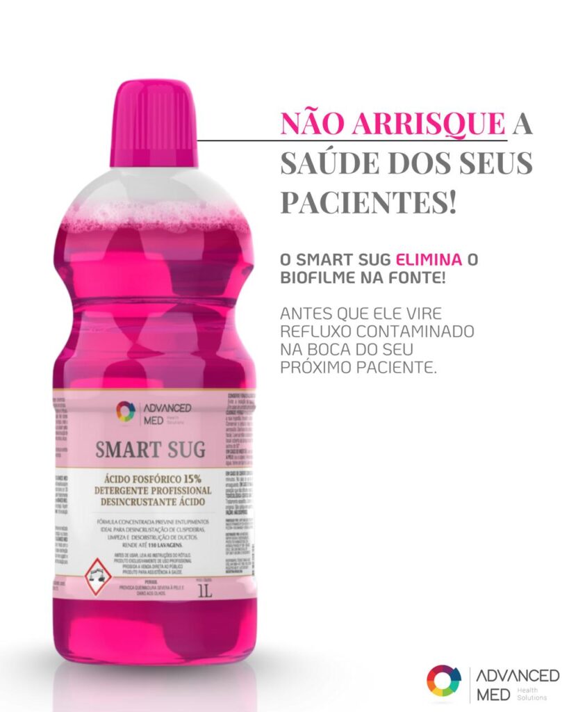 Produto SMART SUG Advanced Med para limpeza de sugadores odontológicos e eliminação de biofilme.