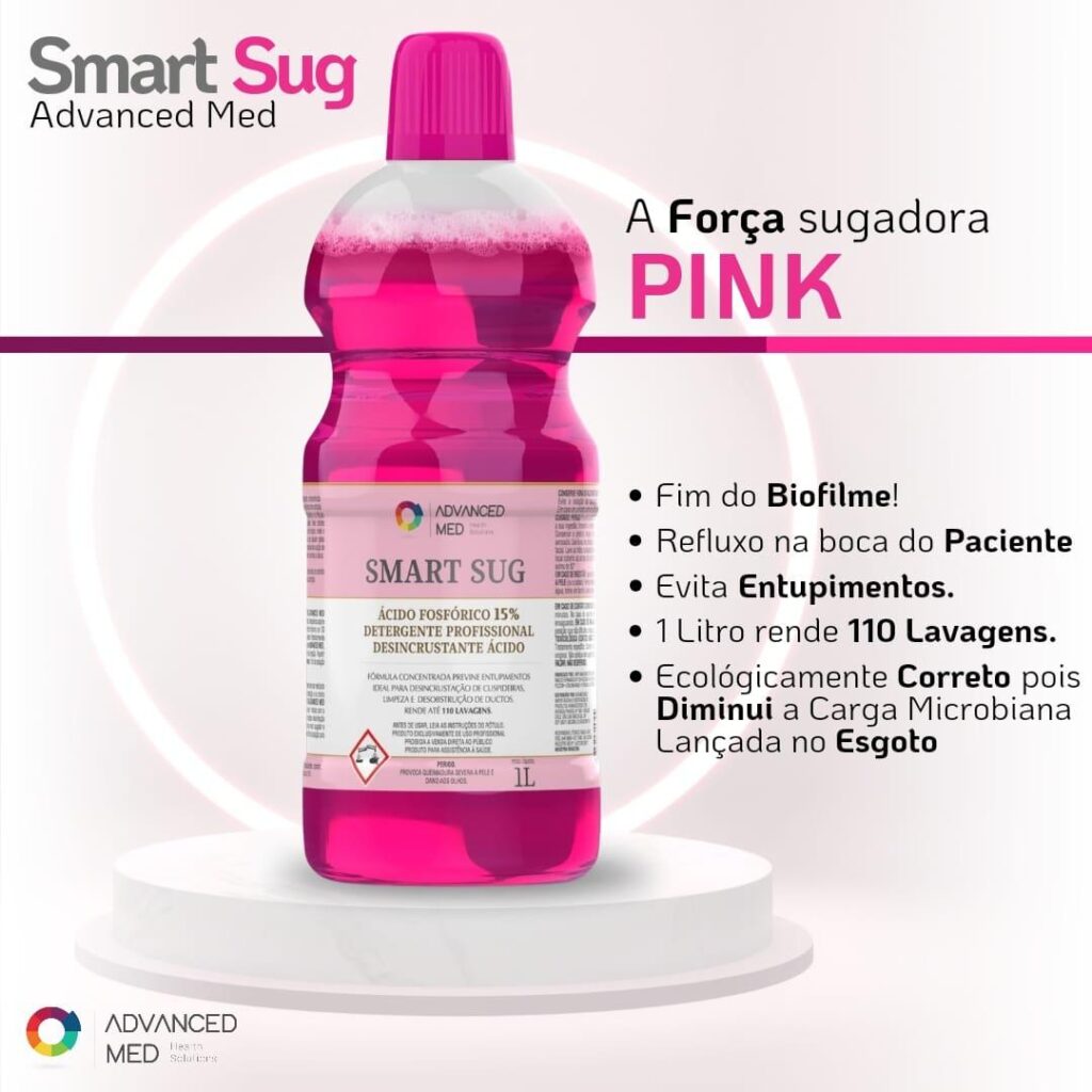 SMART SUG da ADVANCED MED
Detergente profissional com Ácido Fosfórico 15% para limpeza odontológica.
Benefícios:
Elimina biofilmes em sugadores e mangueiras de sucção
Previne refluxo bacteriano e contaminação cruzada
Neutraliza odores desagradáveis
Alto rendimento: 1 litro para 110 lavagens
Registro ANVISA 3407200120017
ADVANCED MED - Soluções Profissionais em Odontologia